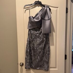 Betsy & Adam Metallic Gray One-Shoulder Dress